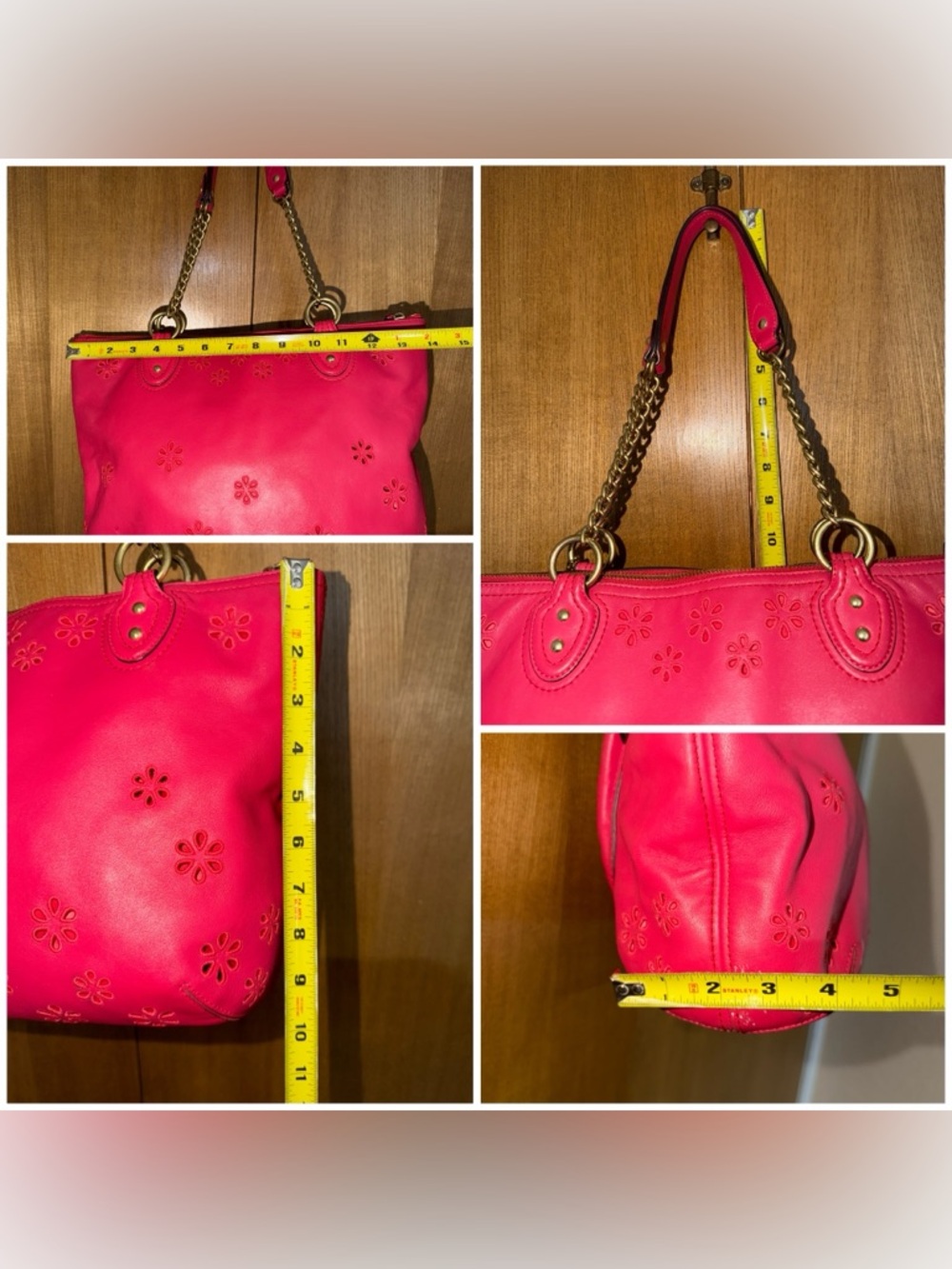 Coach Pink Leather Floral Perforated Chain Shoulder Bag Turnlock - Style 23842 - Picture 3 of 16